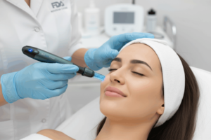 Aesthetic practitioner using the FDA-cleared NanoPen® Pro microneedling device for facial skin rejuvenation, serving as a high-precision Dermapen® alternative.