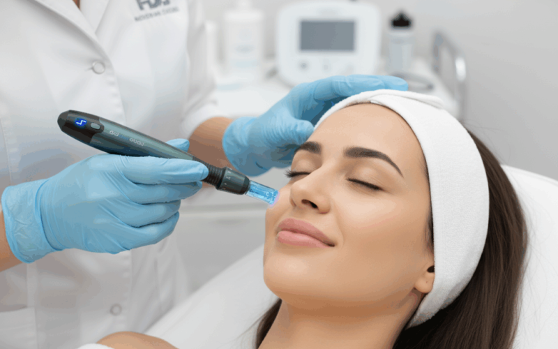 Aesthetic practitioner using the FDA-cleared NanoPen® Pro microneedling device for facial skin rejuvenation, serving as a high-precision Dermapen® alternative.